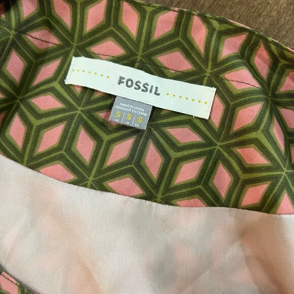 Fossil Pink Green Geometric Business Casual 3/4 Sleeve Shift Mini Dress, Small - Picture 8 of 12